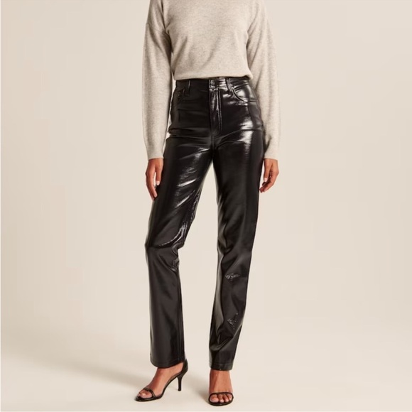 Abercrombie & Fitch Black Vegan Patent Leather 90s Straight Ultra High Rise Pant - Picture 2 of 14